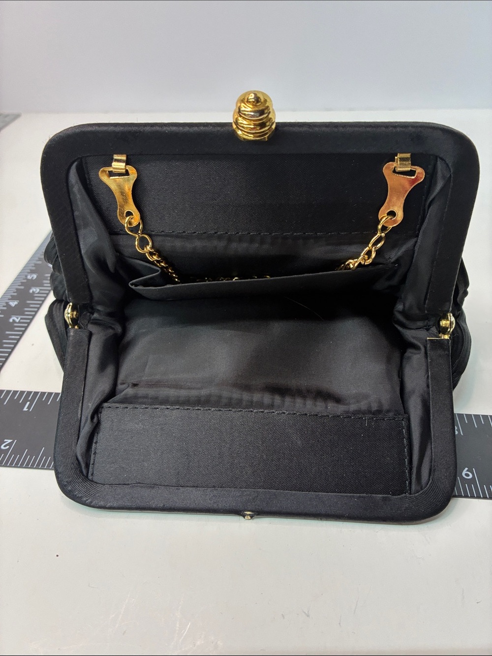 Black Pleated Satin Evening Clutch with Gold Kiss Lock - Picture 3 of 5